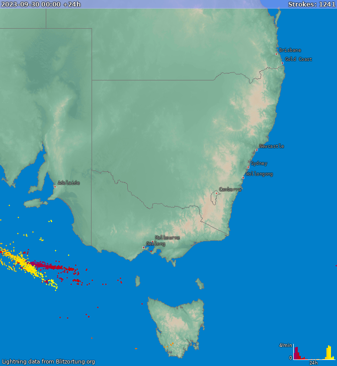 Mapa wyładowań New South Wales 2023-10-01