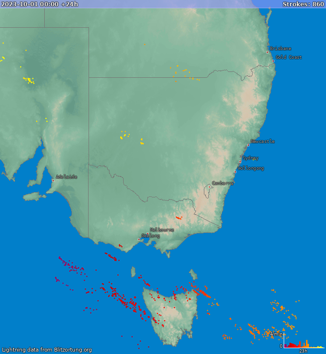 Mapa wyładowań New South Wales 2023-10-02