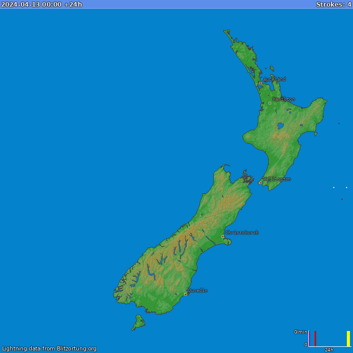 Bliksem kaart Nieuw Zealand 14.04.2024