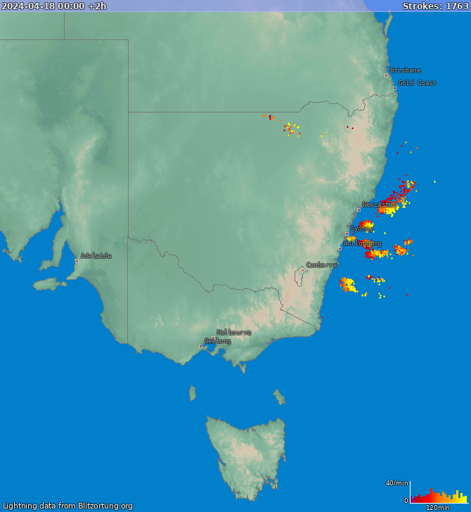 Mapa blesků New South Wales 18.04.2024 (Animace)