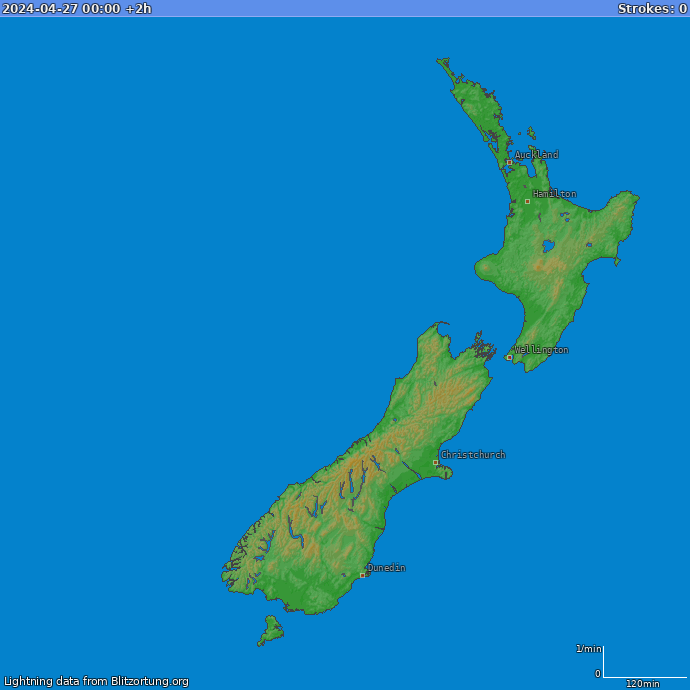 Bliksem kaart Nieuw Zealand 27.04.2024 (Animatie)