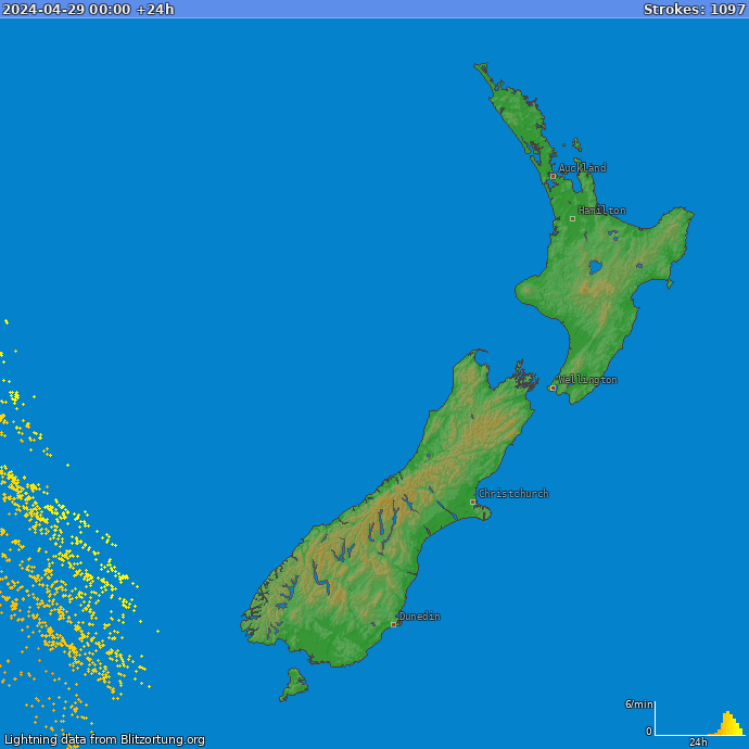 Bliksem kaart Nieuw Zealand 30.04.2024
