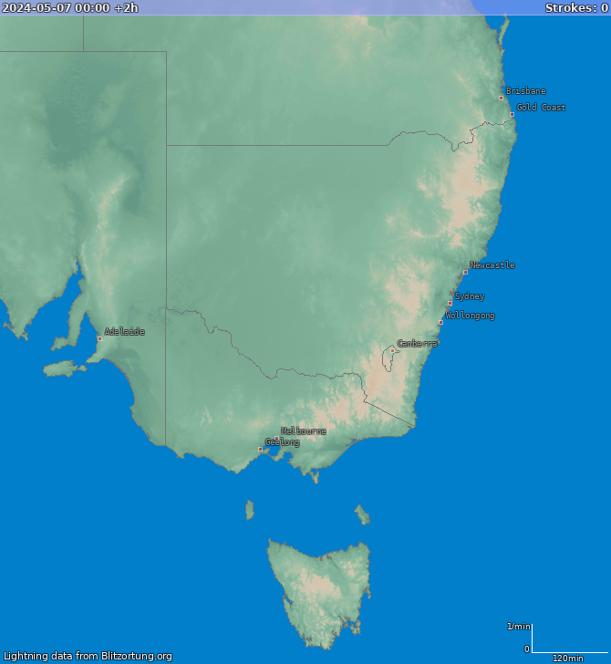 Bliksem kaart New South Wales 07.05.2024 (Animatie)