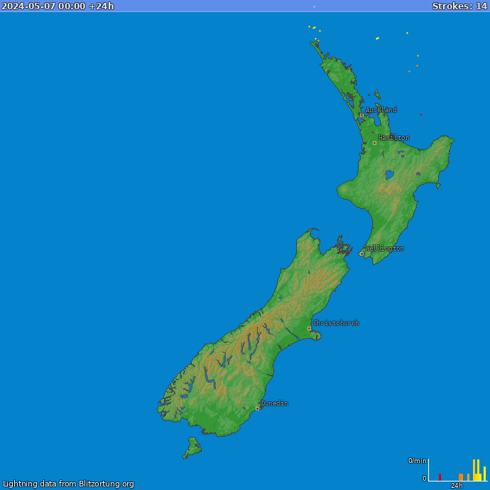 Mappa dei fulmini Nuova Zelanda 08.05.2024