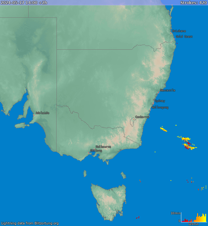 Mapa blesků New South Wales 17.05.2024 (Animace)