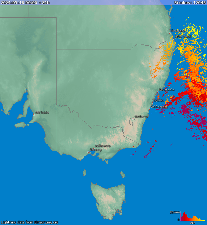 Mapa bleskov New South Wales 19.05.2024