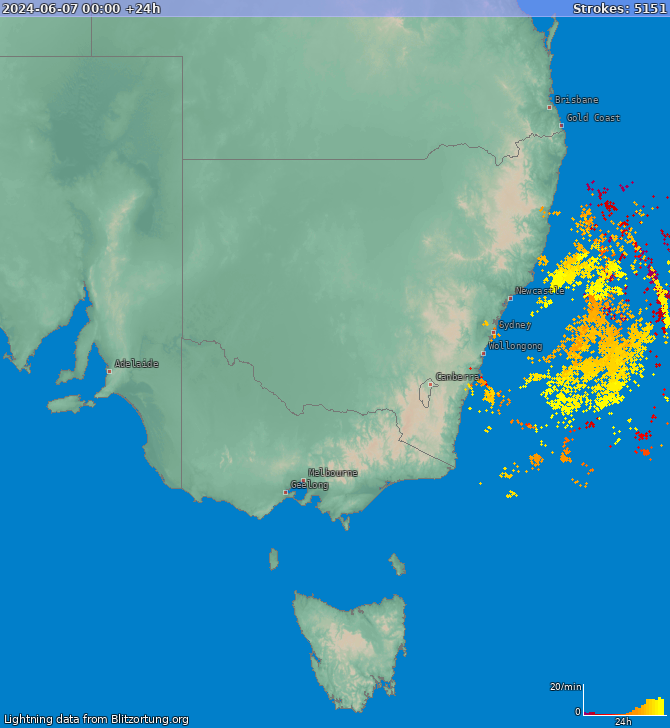 Mapa bleskov New South Wales 08.06.2024