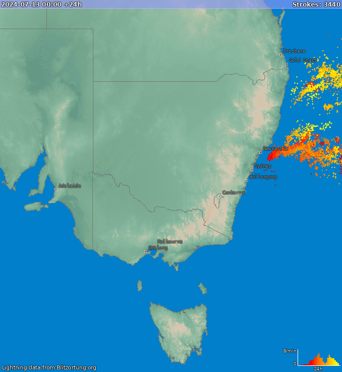 Mappa dei fulmini New South Wales 14.07.2024