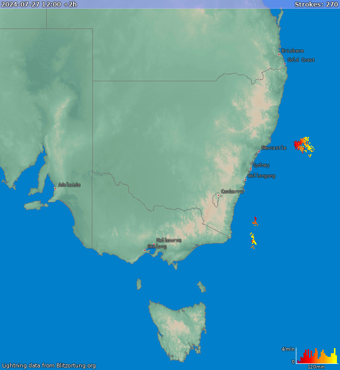 Lightning map New South Wales 2024-07-27 (Animation)