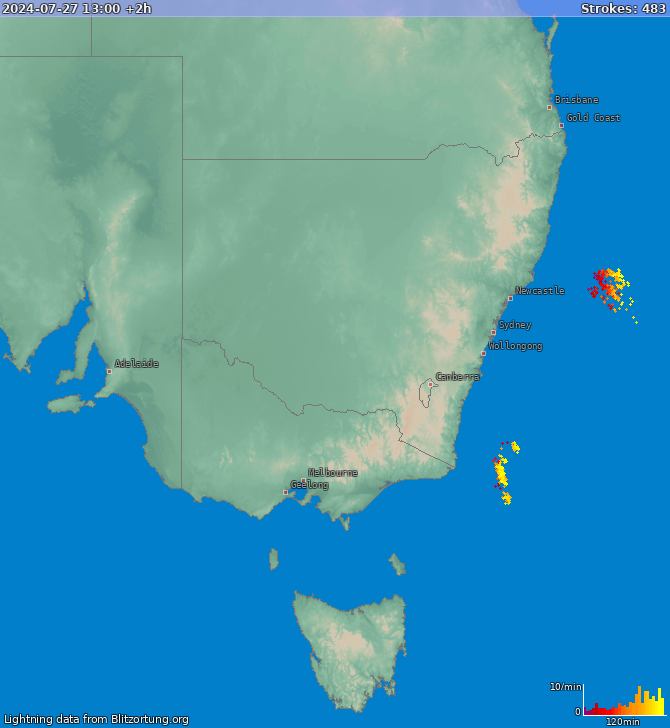 Mapa bleskov New South Wales 27.07.2024 (Animácia)