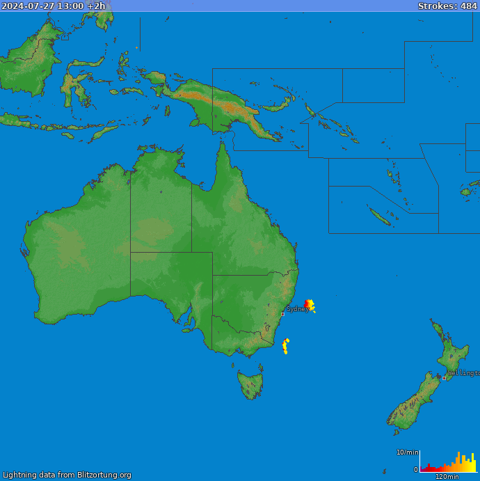 Mapa wyładowań Oceania 2024-07-27 (Animacja)