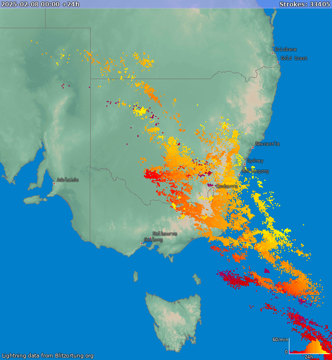 Lightning map New South Wales 2025-02-09