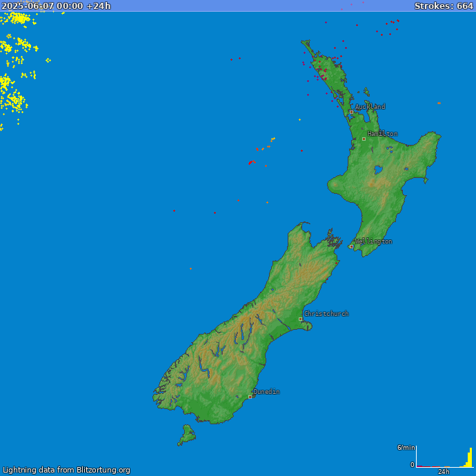 Bliksem kaart Nieuw Zealand 08.06.2025