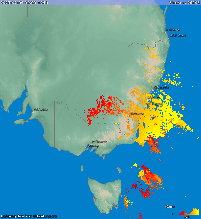 Карта блискавок New South Wales 07.07.2025