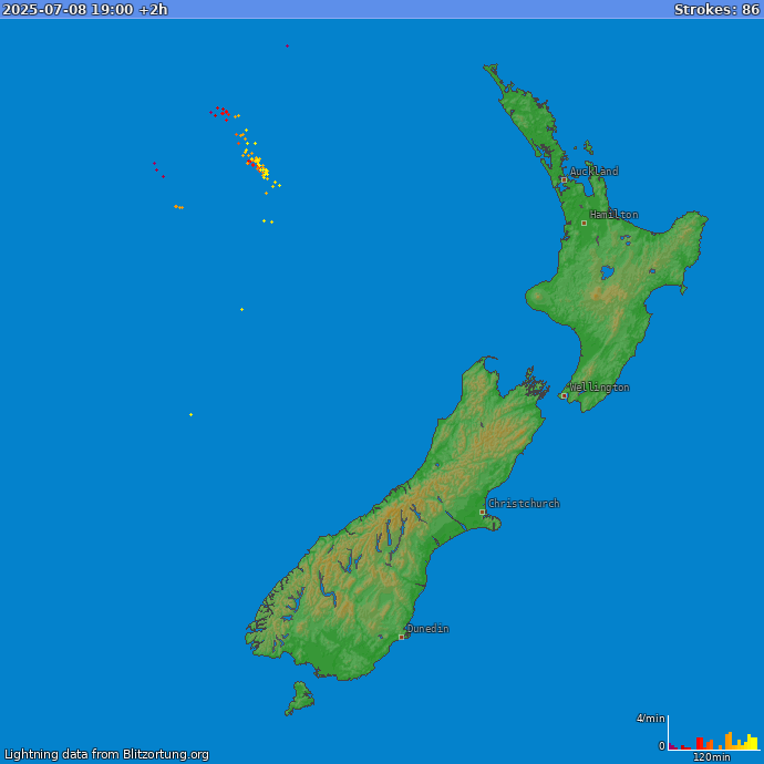 Bliksem kaart Nieuw Zealand 08.07.2025 (Animatie)