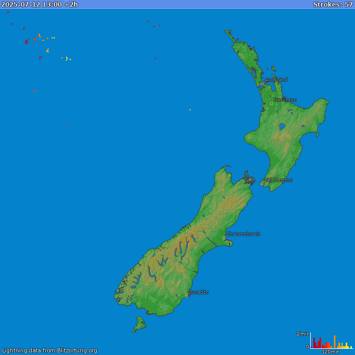 Lightning map New Zealand 2025-07-12 (Animation)