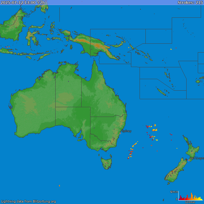 Bliksem kaart Oceania 12.07.2025 (Animatie)