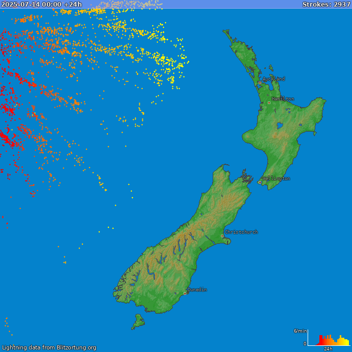 Bliksem kaart Nieuw Zealand 15.07.2025