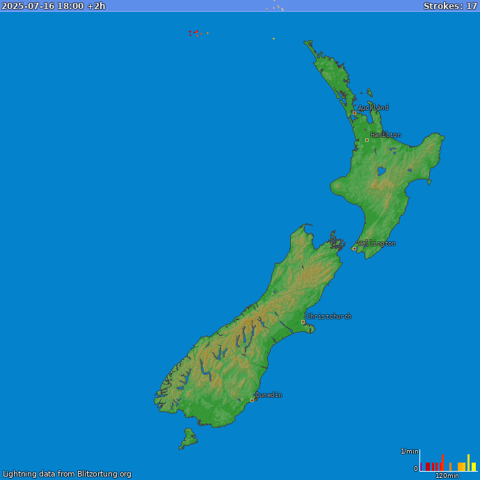 Lightning map New Zealand 2025-07-16 (Animation)