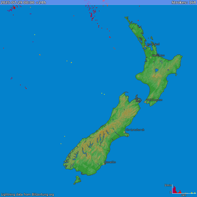 Bliksem kaart Nieuw Zealand 30.07.2025