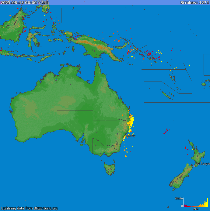 Lightning map Oceania 2025-08-14