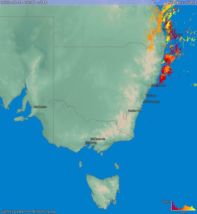 Mapa blesků New South Wales 15.08.2025