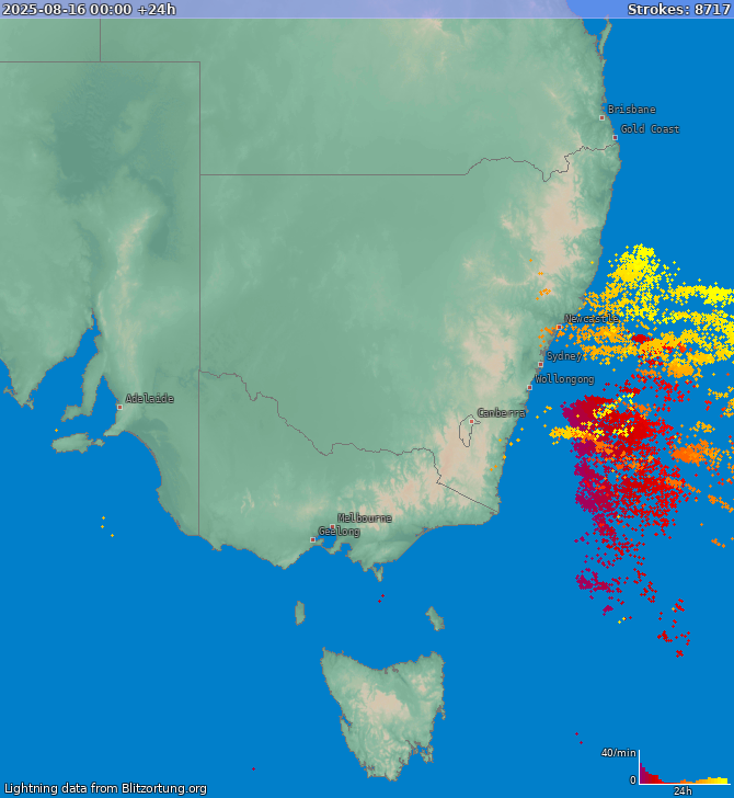 Mapa bleskov New South Wales 17.08.2025