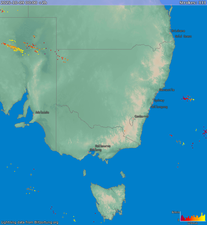 Lightning map New South Wales 2025-10-09 (Animation)