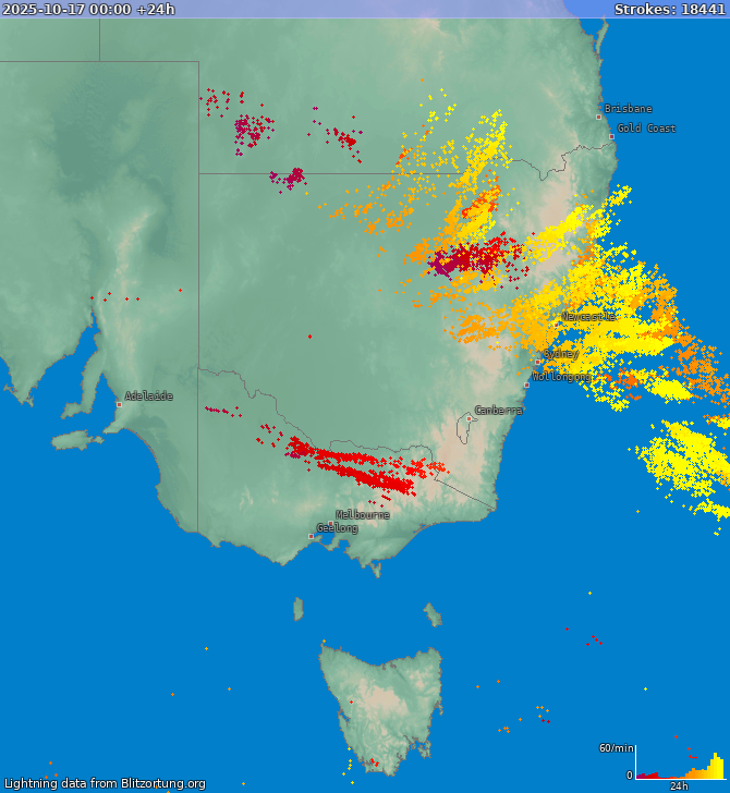 Mapa bleskov New South Wales 18.10.2025