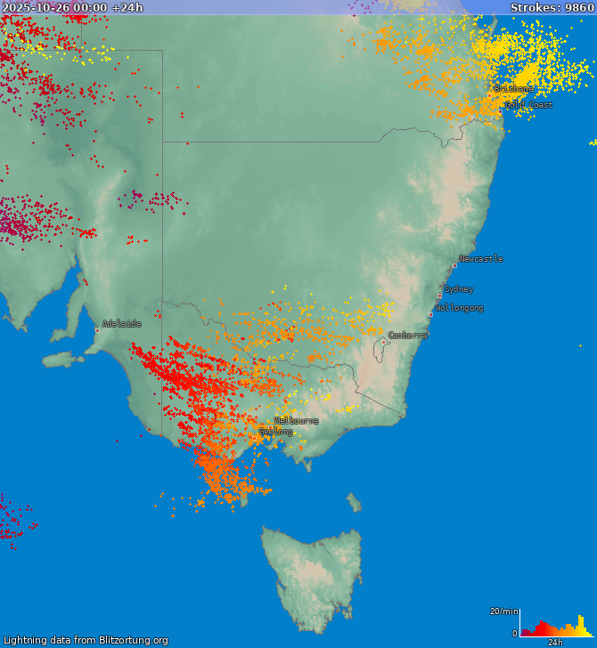Mapa bleskov New South Wales 27.10.2025