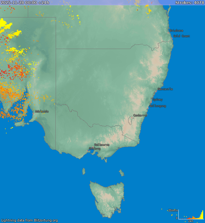Bliksem kaart New South Wales 29.11.2025