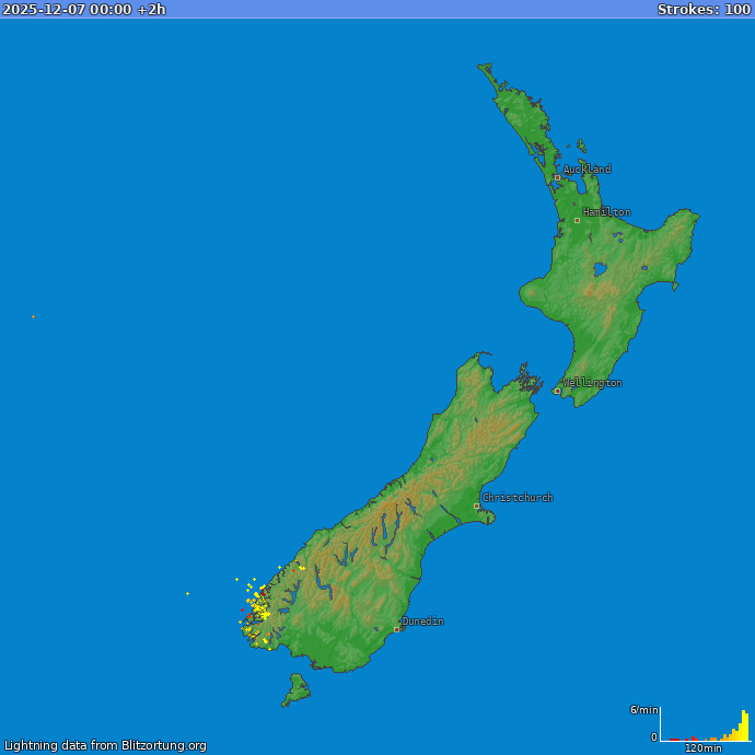 Lightning map New Zealand 2025-12-07 (Animation)