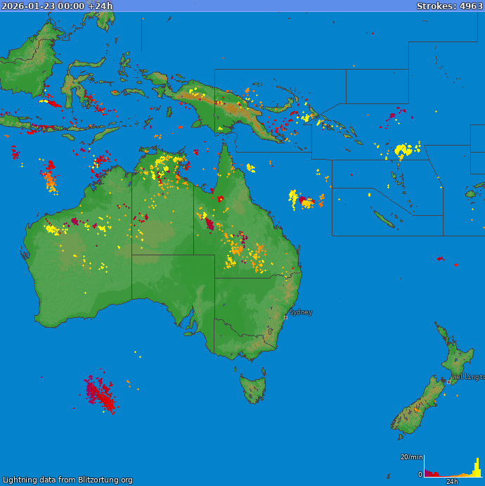 Mapa bleskov Oceania 24.01.2026