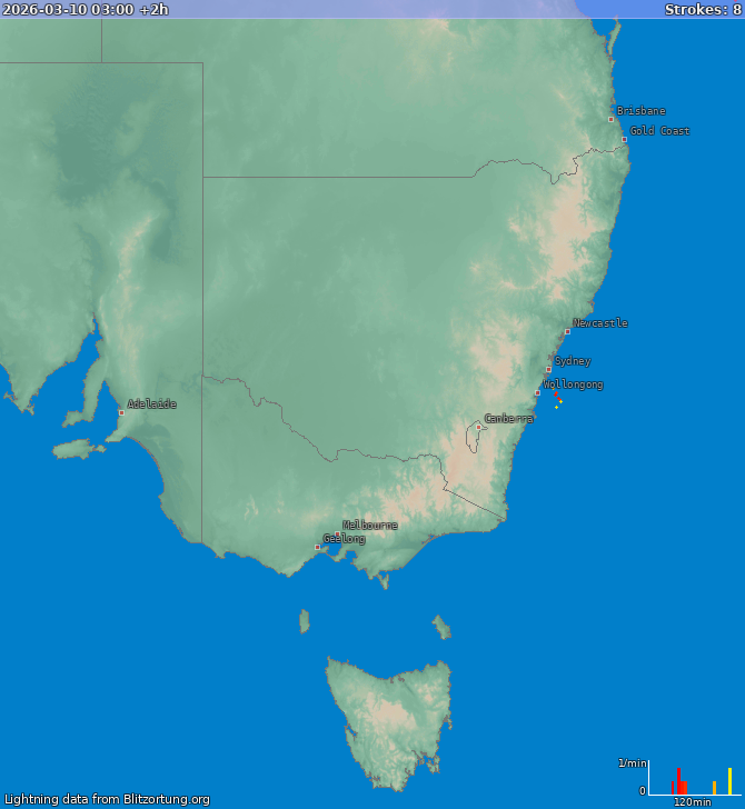 Mapa blesků New South Wales 10.03.2026 (Animace)