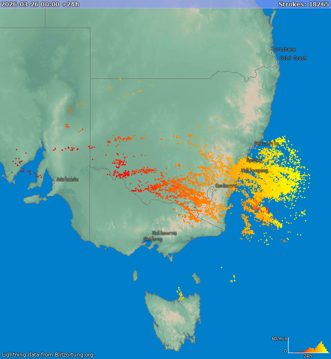 Mapa bleskov New South Wales 27.03.2026
