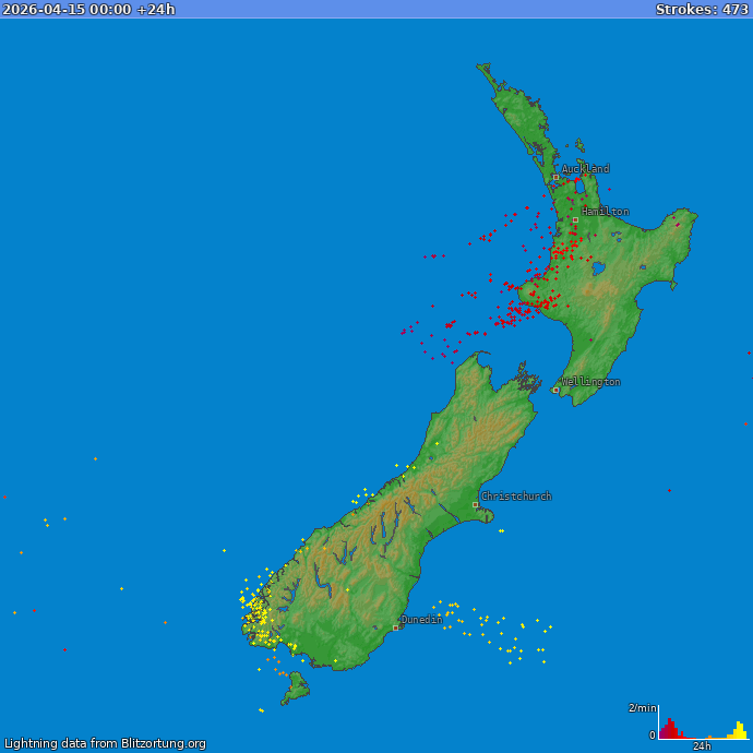 Lightning map New Zealand 2026-04-16