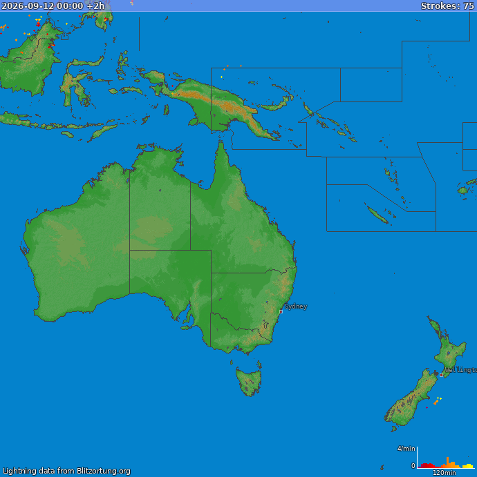 Mapa blesků Oceania 12.09.2026 (Animace)