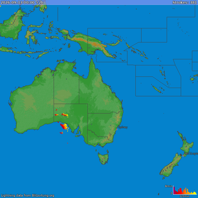 Mapa blesků Oceania 13.09.2026 (Animace)