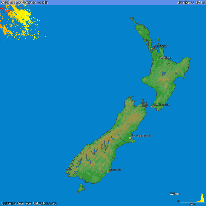 Mapa wyładowań Nowa Zelandia 2023-12-01