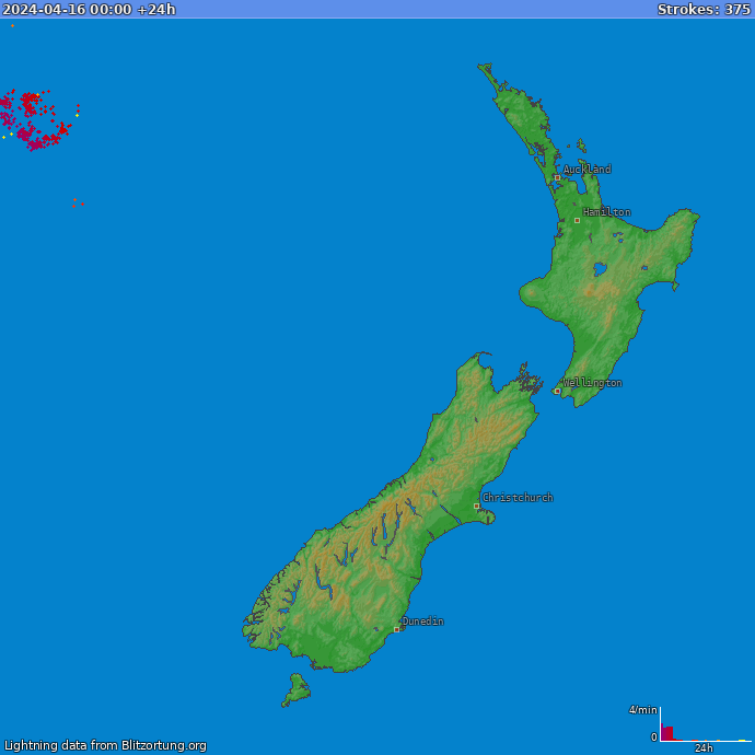 Mapa bleskov Nový Zéland 17.04.2024