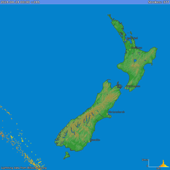 Mapa bleskov Nový Zéland 25.04.2024