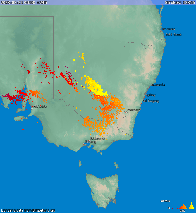 Mapa bleskov New South Wales 22.03.2023