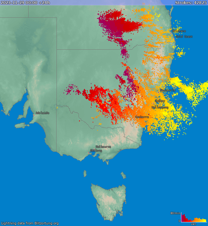 Mapa blesků New South Wales 30.11.2023
