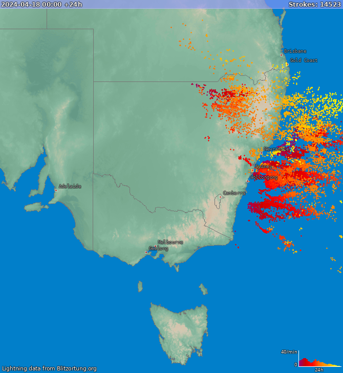 Mapa bleskov New South Wales 19.04.2024
