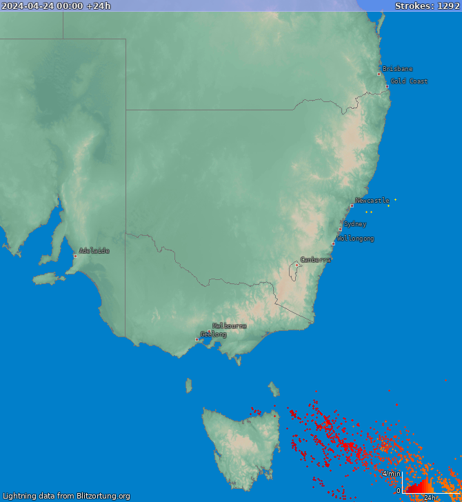 Carte de la foudre New South Wales 25/04/2024